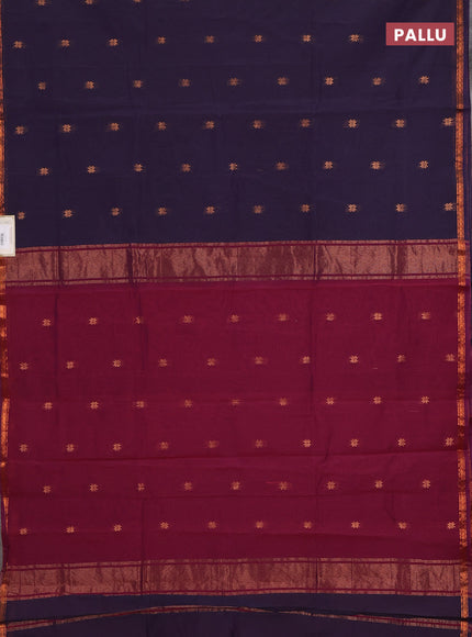 Semi maheswari cotton saree magenta pink and violet with copper zari woven buttas and small copper zari woven border