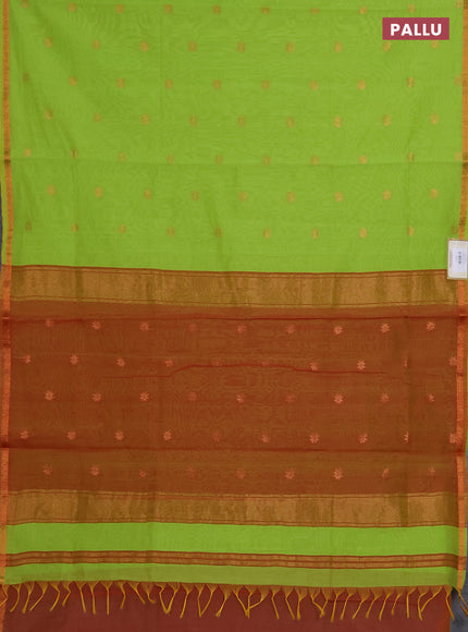 Semi maheswari cotton saree lime green and rust with copper zari woven buttas and small copper zari woven border