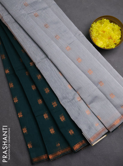 Semi maheswari cotton saree peacock green and grey with copper zari woven buttas and small copper zari woven border