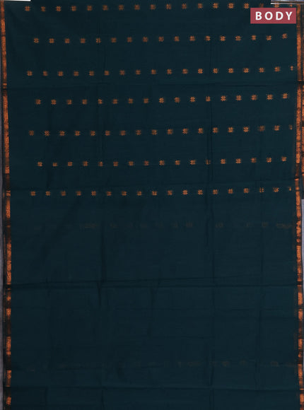 Semi maheswari cotton saree peacock green and grey with copper zari woven buttas and small copper zari woven border