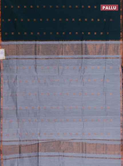 Semi maheswari cotton saree peacock green and grey with copper zari woven buttas and small copper zari woven border