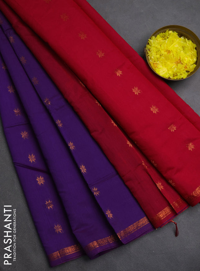 Semi maheswari cotton saree purple and maroon with zari woven buttas and small zari woven border