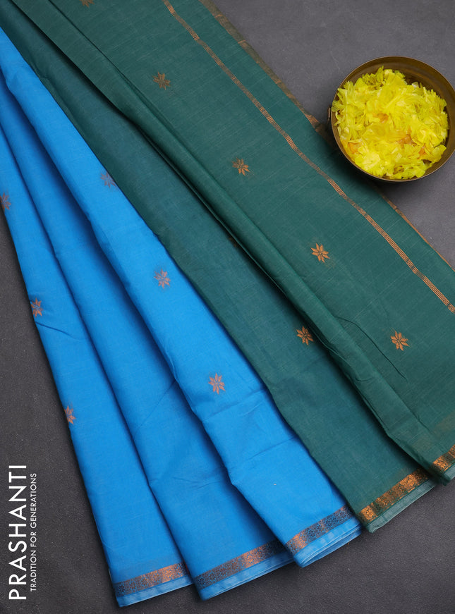 Semi maheswari cotton saree cs blue and green shade with zari woven buttas and small zari woven border