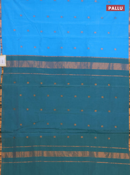 Semi maheswari cotton saree cs blue and green shade with zari woven buttas and small zari woven border
