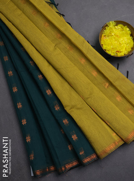 Semi maheswari cotton saree peacock green and mehendi green with copper zari woven buttas and small copper zari woven border