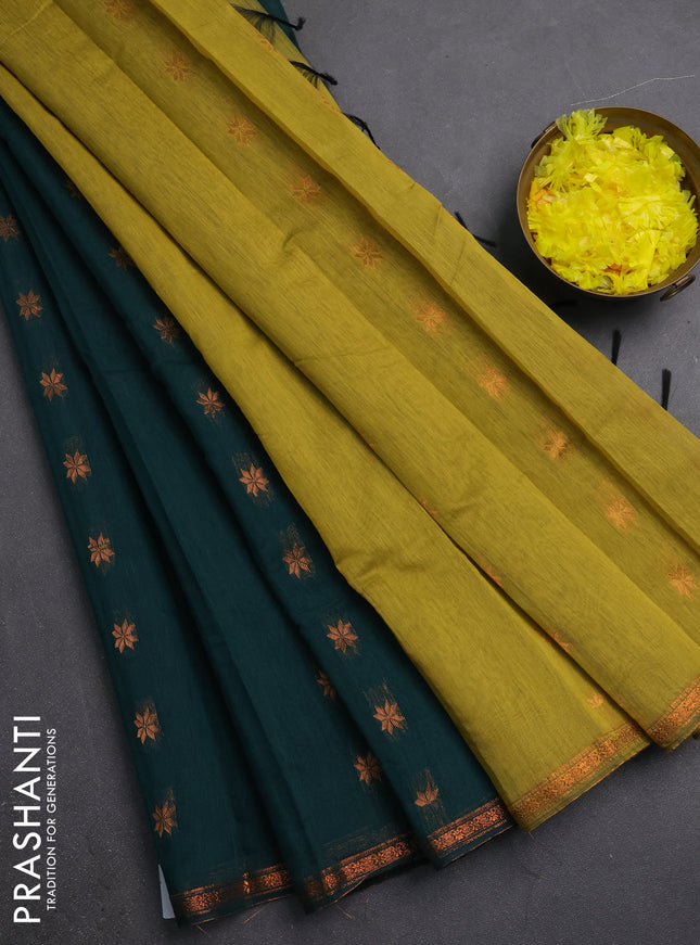 Semi maheswari cotton saree peacock green and mehendi green with copper zari woven buttas and small copper zari woven border