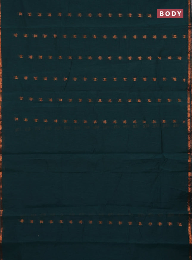 Semi maheswari cotton saree peacock green and mehendi green with copper zari woven buttas and small copper zari woven border