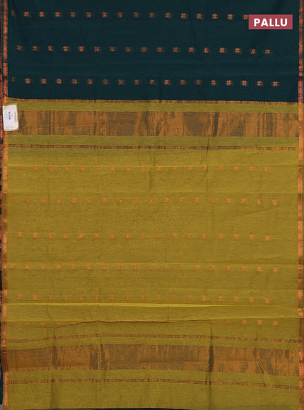 Semi maheswari cotton saree peacock green and mehendi green with copper zari woven buttas and small copper zari woven border