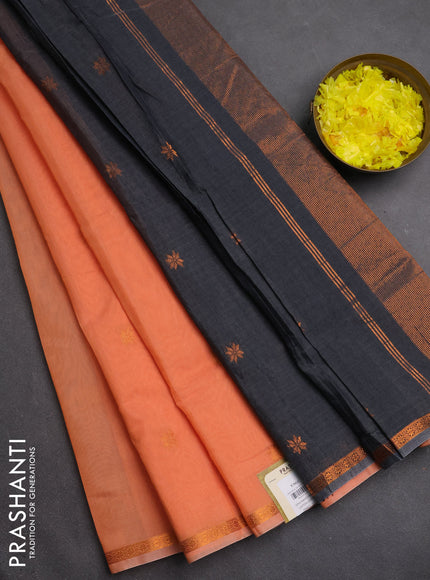 Semi maheswari cotton saree peach orange and grey with copper zari woven buttas and small copper zari woven border