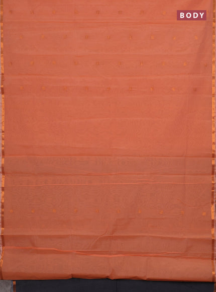 Semi maheswari cotton saree peach orange and grey with copper zari woven buttas and small copper zari woven border