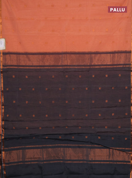 Semi maheswari cotton saree peach orange and grey with copper zari woven buttas and small copper zari woven border