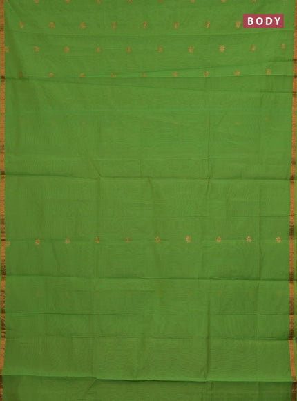 Semi maheswari cotton saree lime green and rust with copper zari woven buttas and small copper zari woven border
