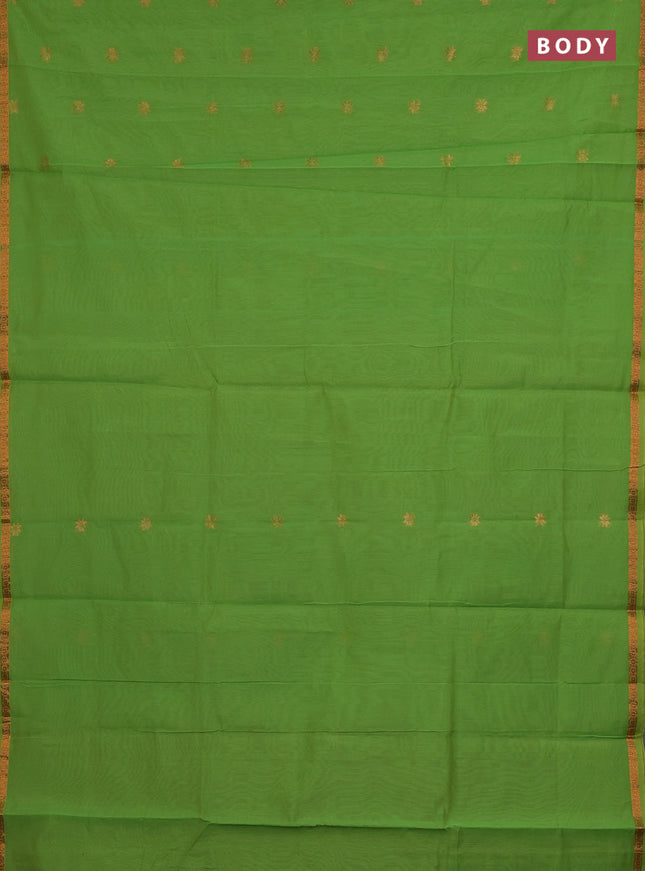 Semi maheswari cotton saree lime green and rust with copper zari woven buttas and small copper zari woven border