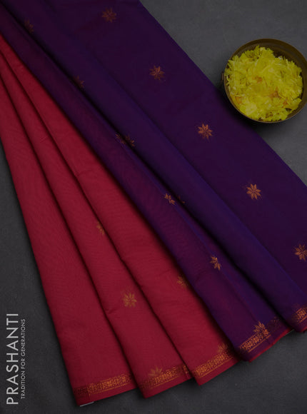 Semi maheswari cotton saree pink shade and purple with copper zari woven buttas and small copper zari woven border