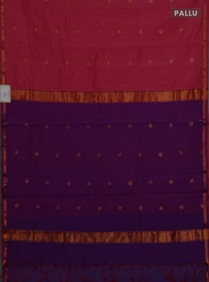 Semi maheswari cotton saree pink shade and purple with copper zari woven buttas and small copper zari woven border