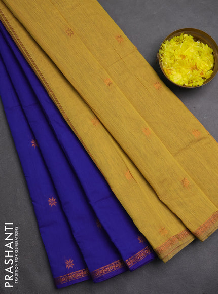 Semi maheswari cotton saree blue and mustard yellow with copper zari woven buttas and small copper zari woven border