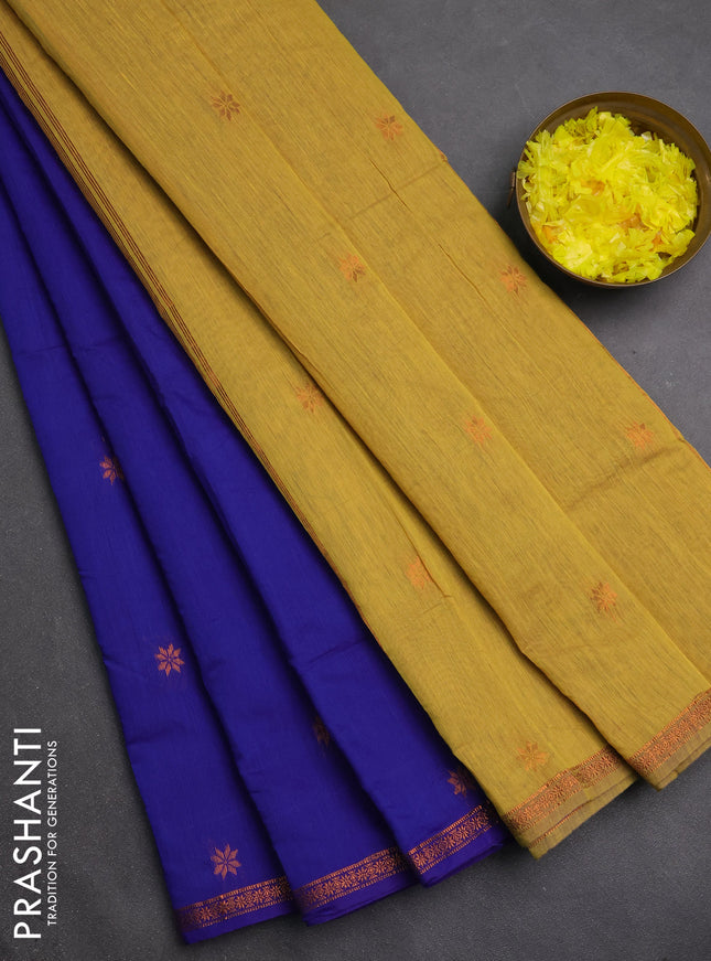 Semi maheswari cotton saree blue and mustard yellow with copper zari woven buttas and small copper zari woven border