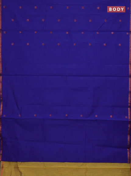 Semi maheswari cotton saree blue and mustard yellow with copper zari woven buttas and small copper zari woven border