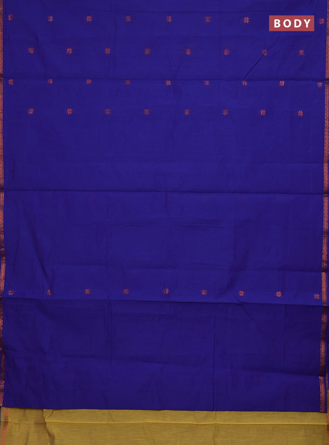 Semi maheswari cotton saree blue and mustard yellow with copper zari woven buttas and small copper zari woven border