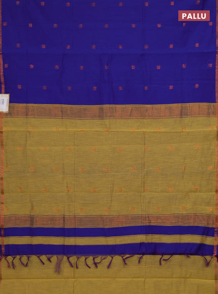 Semi maheswari cotton saree blue and mustard yellow with copper zari woven buttas and small copper zari woven border