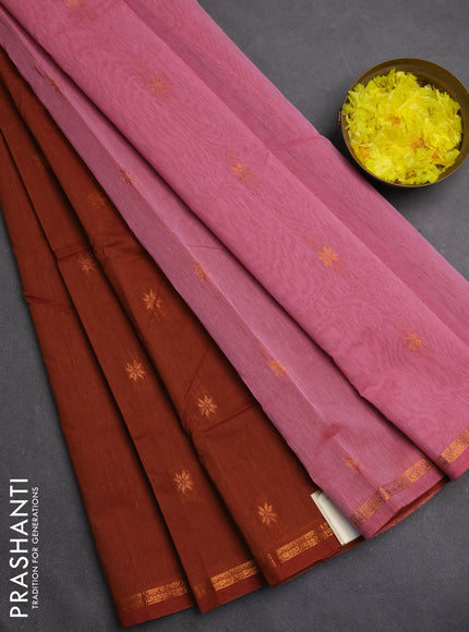 Semi maheswari cotton saree brown and pink shade with zari woven buttas and small zari woven border
