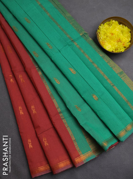 Semi maheswari cotton saree rust shade and green with zari woven buttas and small zari woven border