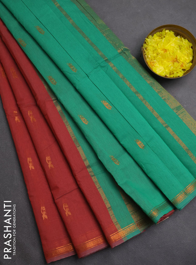 Semi maheswari cotton saree rust shade and green with zari woven buttas and small zari woven border