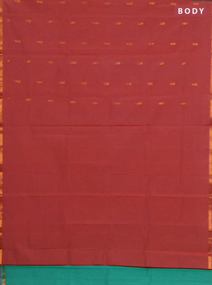 Semi maheswari cotton saree rust shade and green with zari woven buttas and small zari woven border