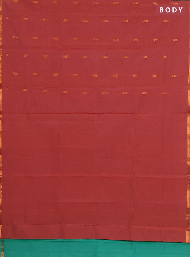 Semi maheswari cotton saree rust shade and green with zari woven buttas and small zari woven border