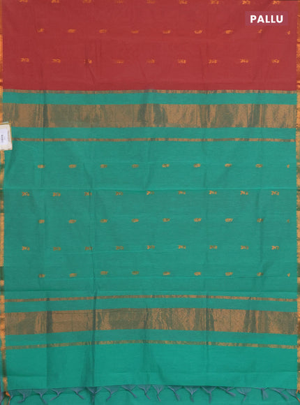 Semi maheswari cotton saree rust shade and green with zari woven buttas and small zari woven border