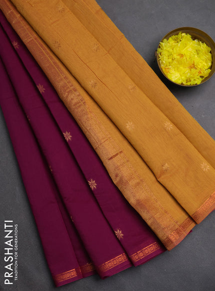 Semi maheswari cotton saree magenta pink and mustard yellow with zari woven buttas and small zari woven border