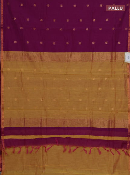 Semi maheswari cotton saree magenta pink and mustard yellow with zari woven buttas and small zari woven border