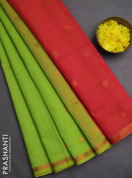 Semi maheswari cotton saree lime green and pink with copper zari woven buttas and small copper zari woven border
