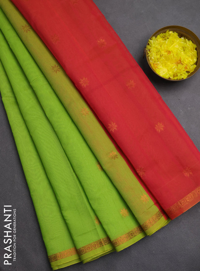 Semi maheswari cotton saree lime green and pink with copper zari woven buttas and small copper zari woven border
