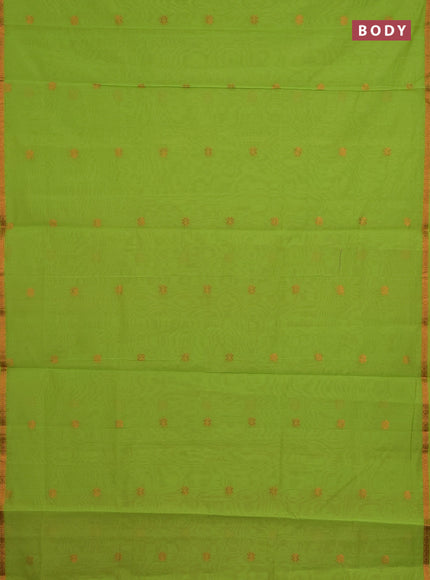 Semi maheswari cotton saree lime green and pink with copper zari woven buttas and small copper zari woven border
