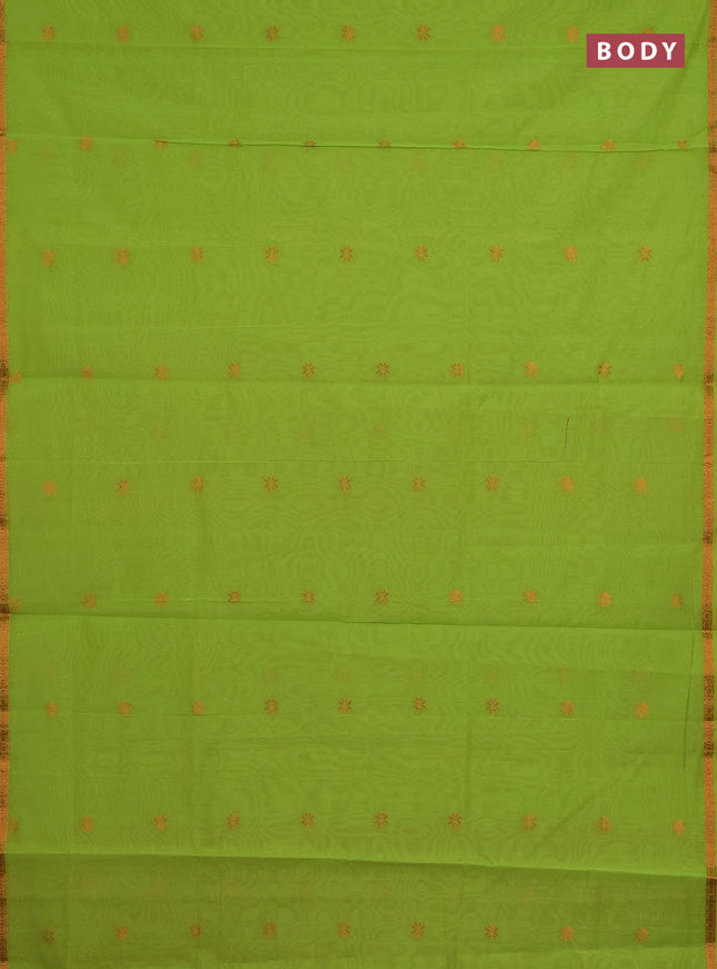 Semi maheswari cotton saree lime green and pink with copper zari woven buttas and small copper zari woven border