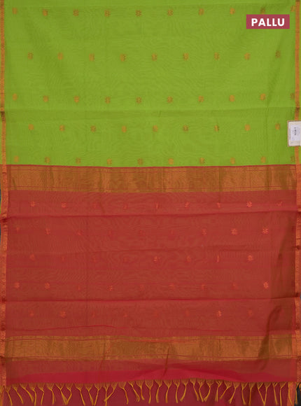 Semi maheswari cotton saree lime green and pink with copper zari woven buttas and small copper zari woven border