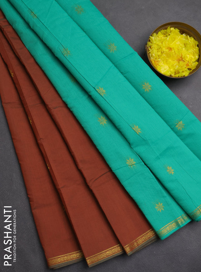 Semi maheswari cotton saree dual shade of brown and teal green with zari woven buttas and small zari woven border