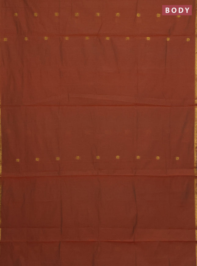 Semi maheswari cotton saree dual shade of brown and teal green with zari woven buttas and small zari woven border
