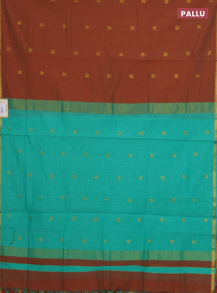 Semi maheswari cotton saree dual shade of brown and teal green with zari woven buttas and small zari woven border
