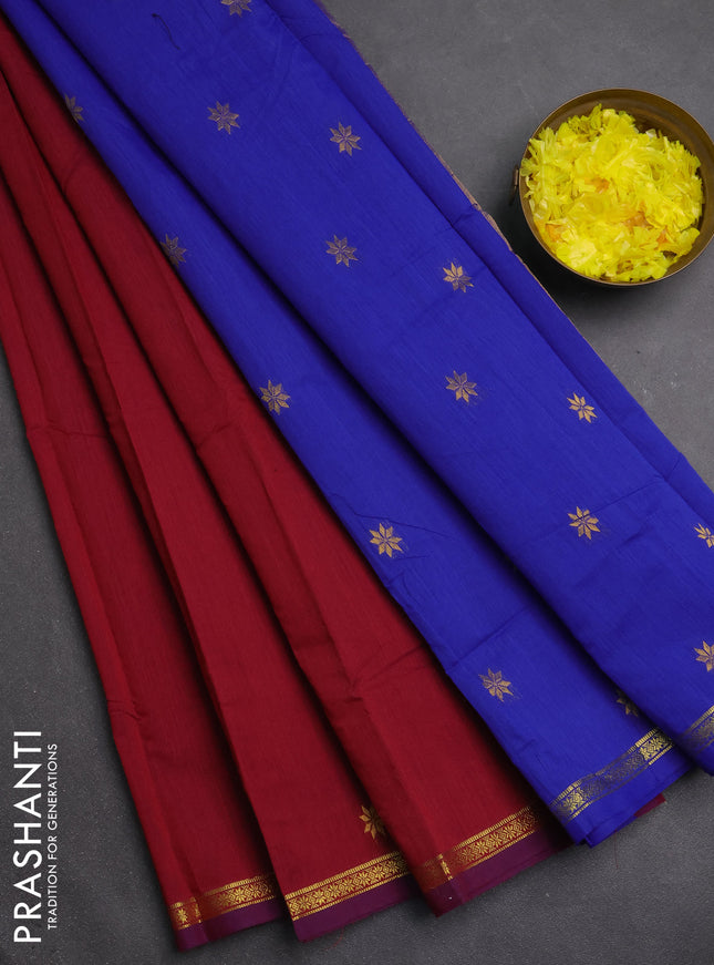 Semi maheswari cotton saree magenta pink and blue with zari woven buttas and small zari woven border