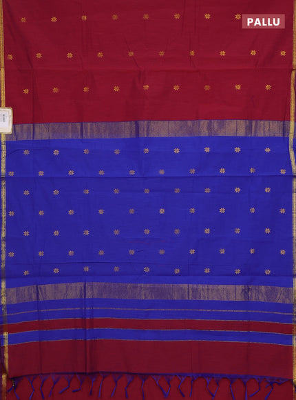 Semi maheswari cotton saree magenta pink and blue with zari woven buttas and small zari woven border