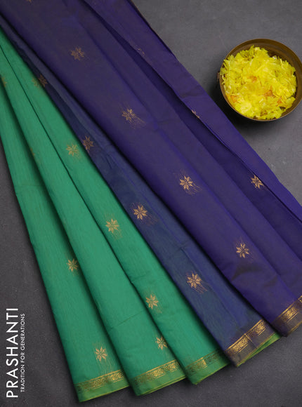 Semi maheswari cotton saree green and dual shade of blue with zari woven buttas and small zari woven border