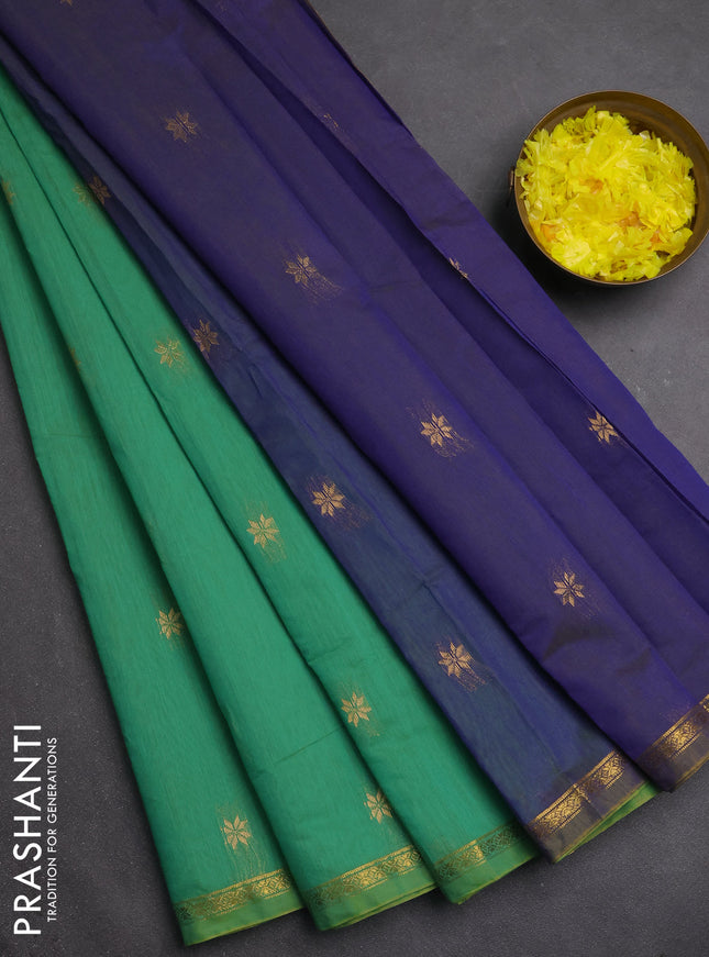 Semi maheswari cotton saree green and dual shade of blue with zari woven buttas and small zari woven border