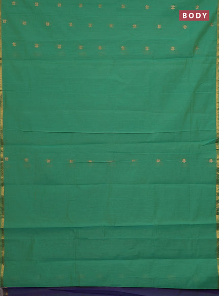 Semi maheswari cotton saree green and dual shade of blue with zari woven buttas and small zari woven border