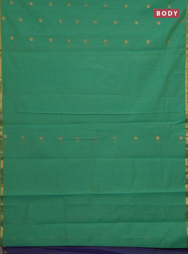 Semi maheswari cotton saree green and dual shade of blue with zari woven buttas and small zari woven border
