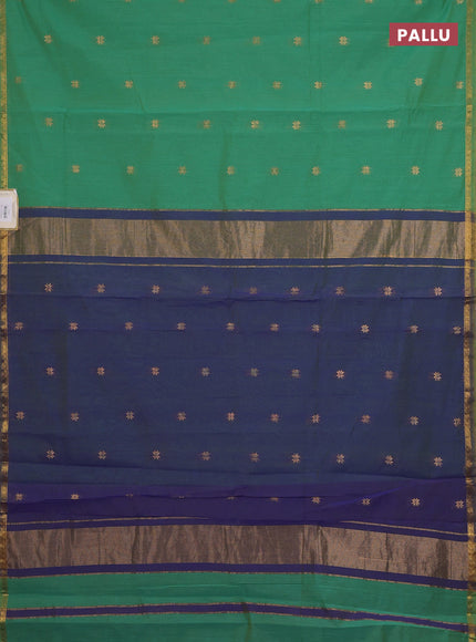 Semi maheswari cotton saree green and dual shade of blue with zari woven buttas and small zari woven border