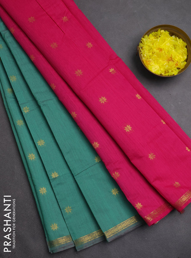 Semi maheswari cotton saree green and pink with zari woven buttas and small zari woven border
