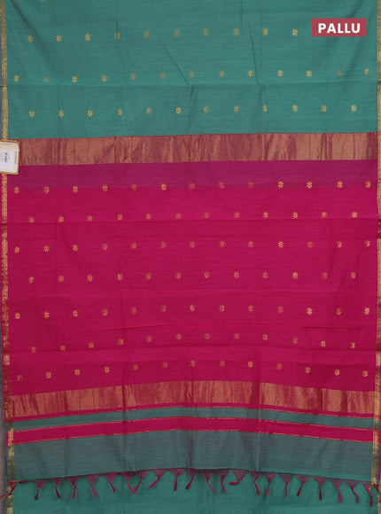 Semi maheswari cotton saree green and pink with zari woven buttas and small zari woven border