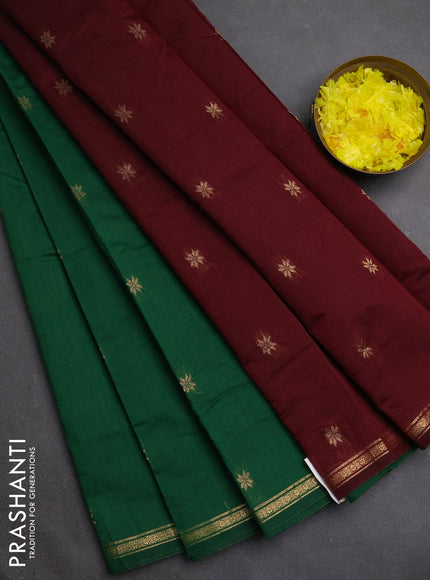 Semi maheswari cotton saree green and maroon with zari woven buttas and small zari woven border